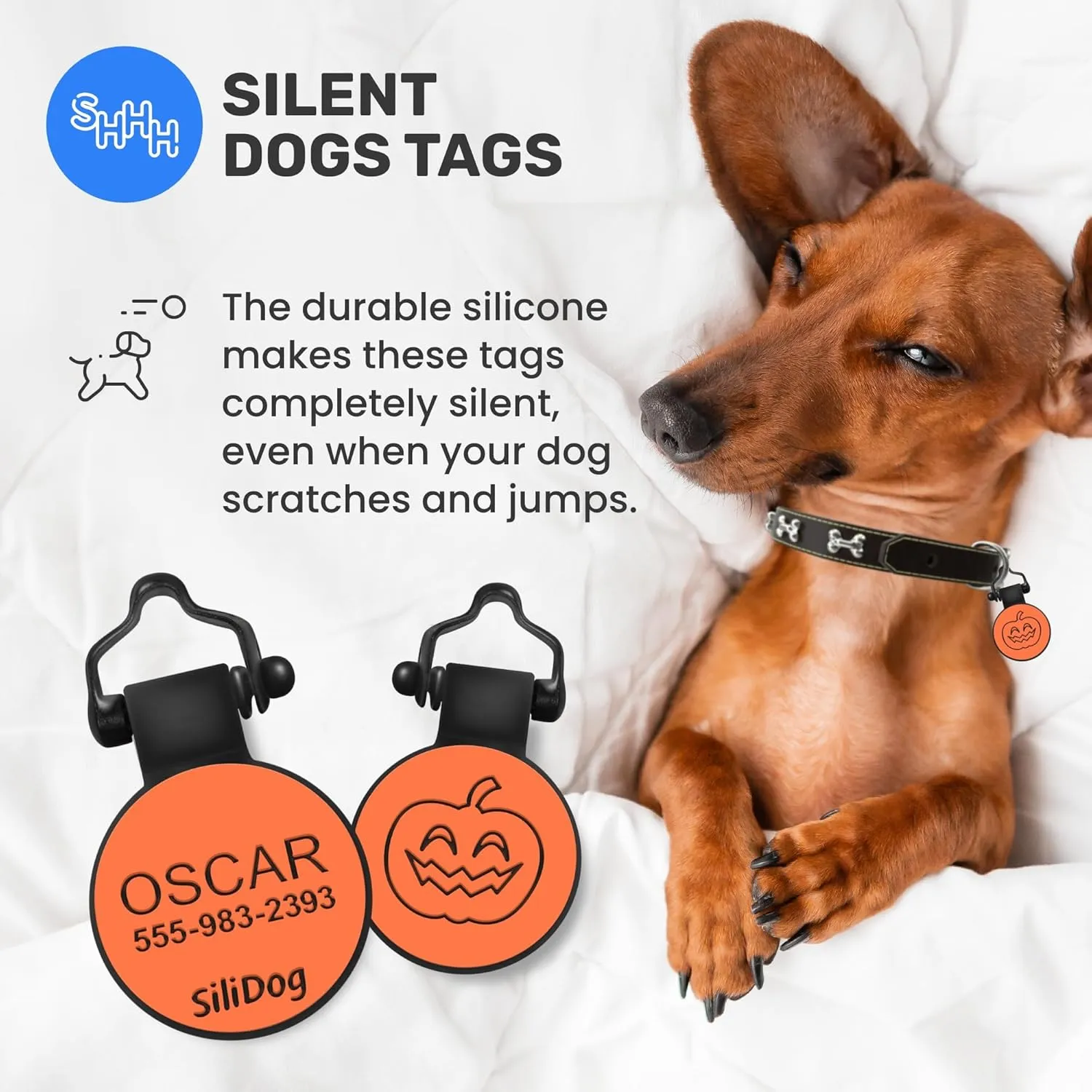 SiliDog - The Original Silicone Silent Dog Tag - Personalized Engraved Soundless Pet ID - As Seen On Shark Tank - Durable - Never Fades - Halloween - Orange
