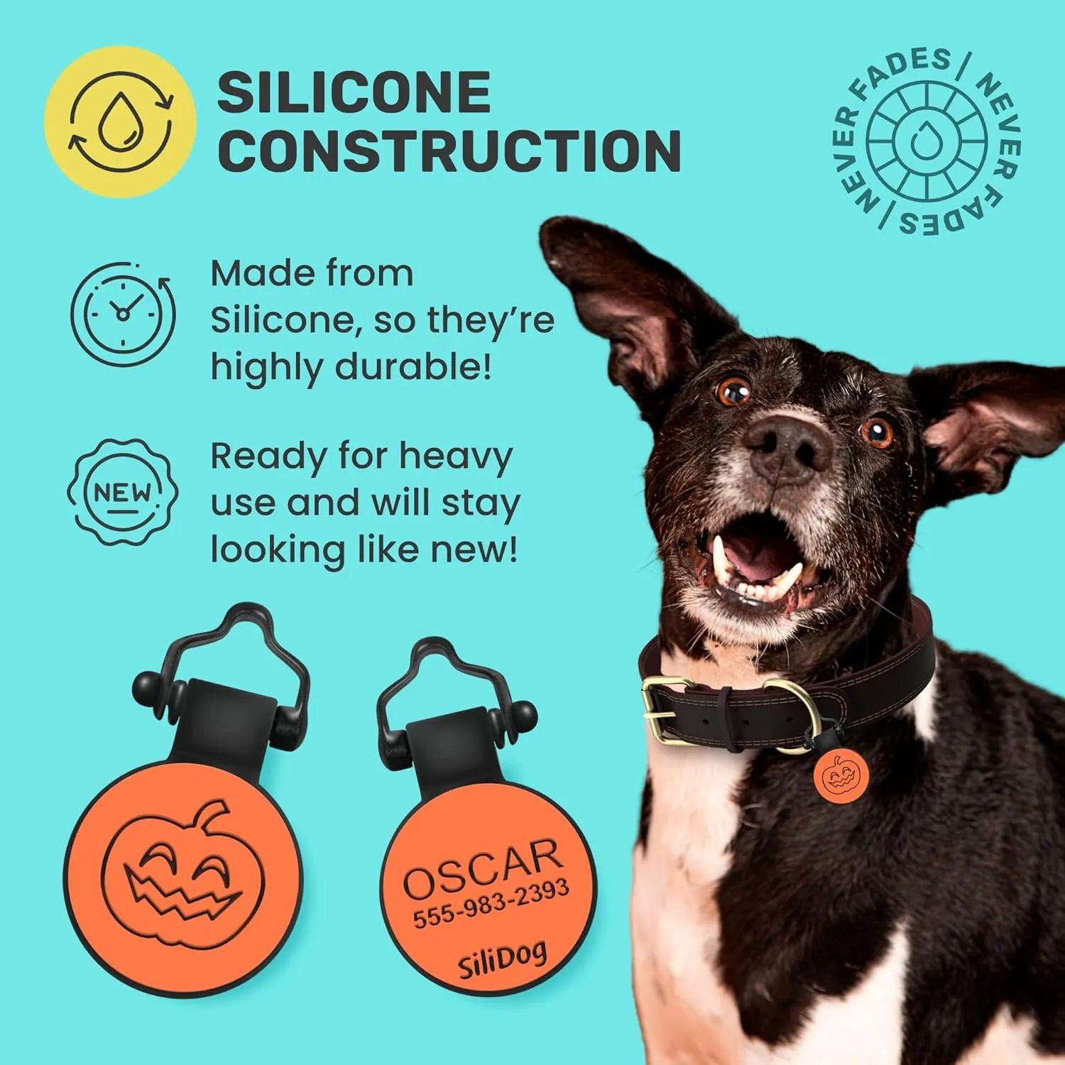 SiliDog - The Original Silicone Silent Dog Tag - Personalized Engraved Soundless Pet ID - As Seen On Shark Tank - Durable - Never Fades - Halloween - Orange