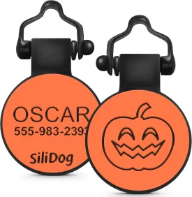 SiliDog - The Original Silicone Silent Dog Tag - Personalized Engraved Soundless Pet ID - As Seen On Shark Tank - Durable - Never Fades - Halloween - Orange