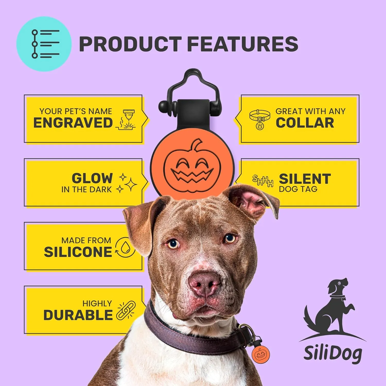 SiliDog - The Original Silicone Silent Dog Tag - Personalized Engraved Soundless Pet ID - As Seen On Shark Tank - Durable - Never Fades - Halloween - Orange