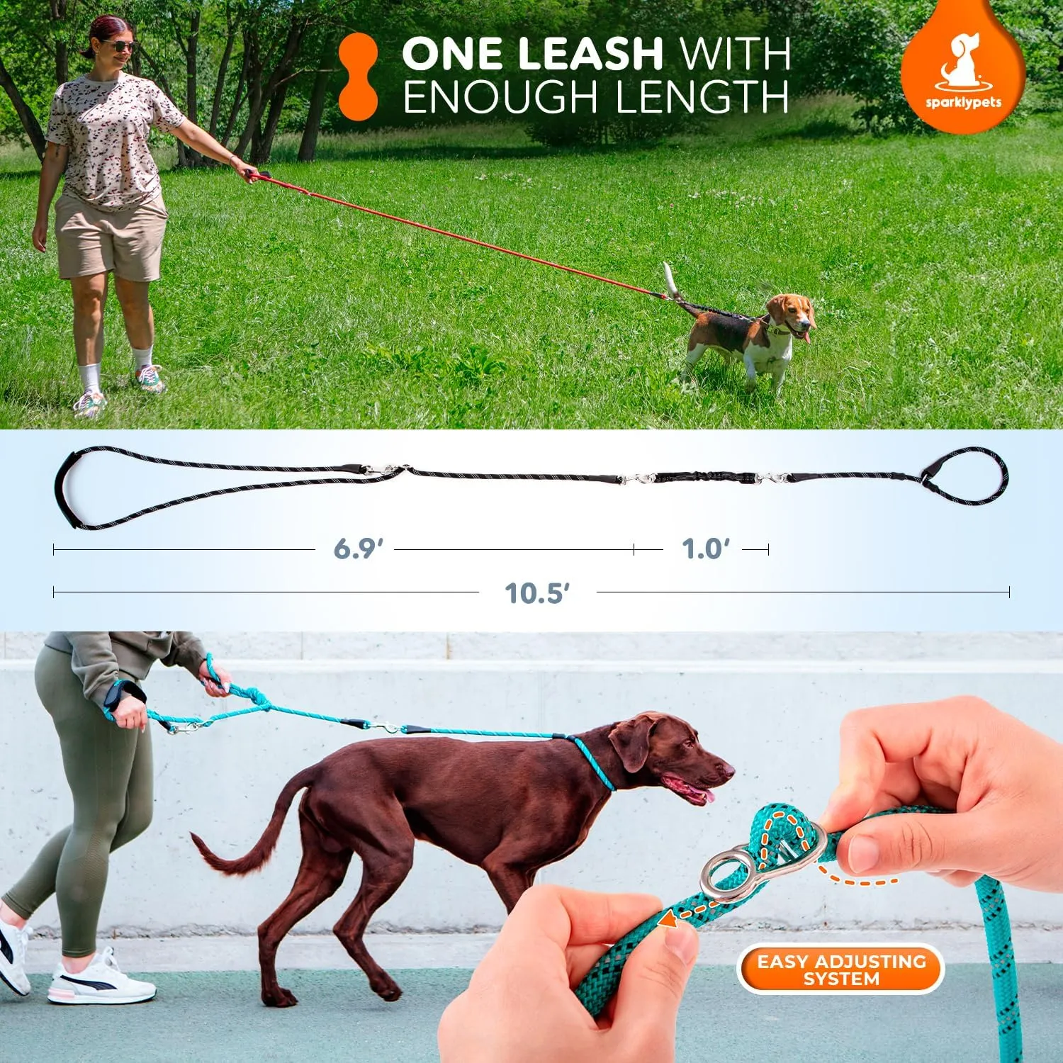 SparklyPets Multifunctional Bungee Hands Free Leash with Detachable Slip Lead  Crossbody & Waist Leash for Dog Walking, Medium & Large Breeds (Black)