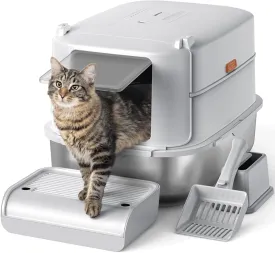 Stainless Steel Cat Litter Box with Lid, XL Extra Large Litter Box for Big Cats, Enclosed Metal Kitty Litter Box with High Sided Enclosure & Scoop, Anti-Leakage, Non-Sticky, Easy Cleaning Gray