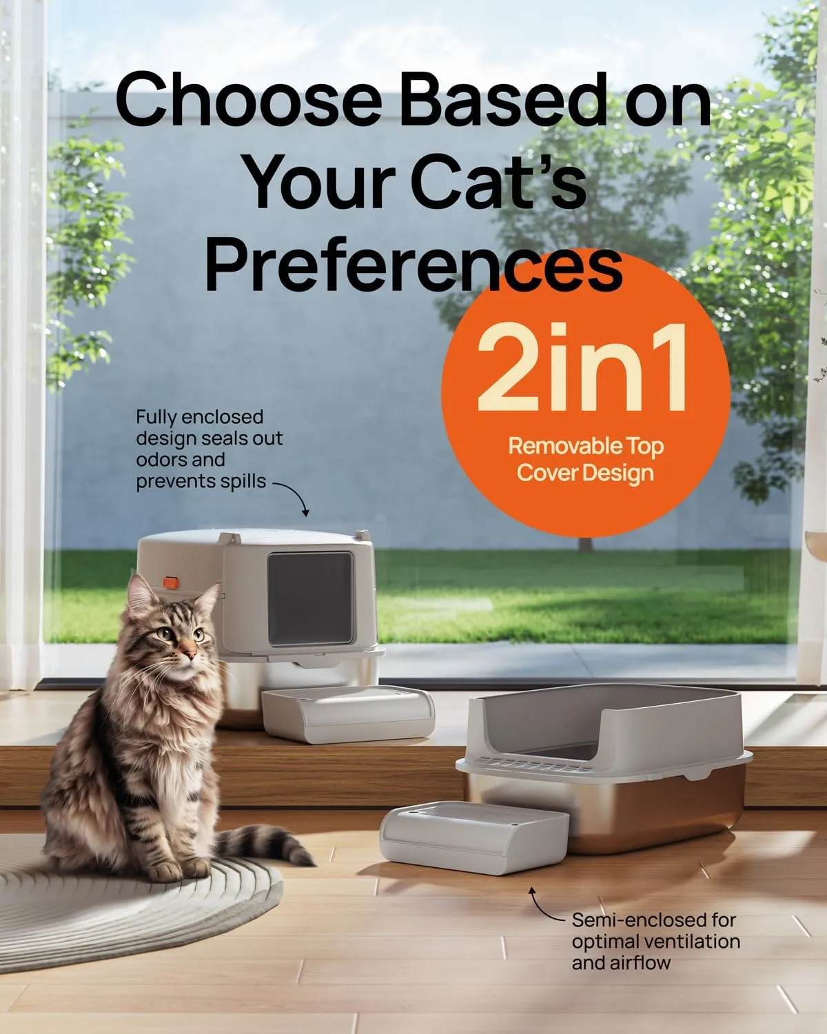 Stainless Steel Cat Litter Box with Lid, XL Extra Large Litter Box for Big Cats, Enclosed Metal Kitty Litter Box with High Sided Enclosure & Scoop, Anti-Leakage, Non-Sticky, Easy Cleaning Gray