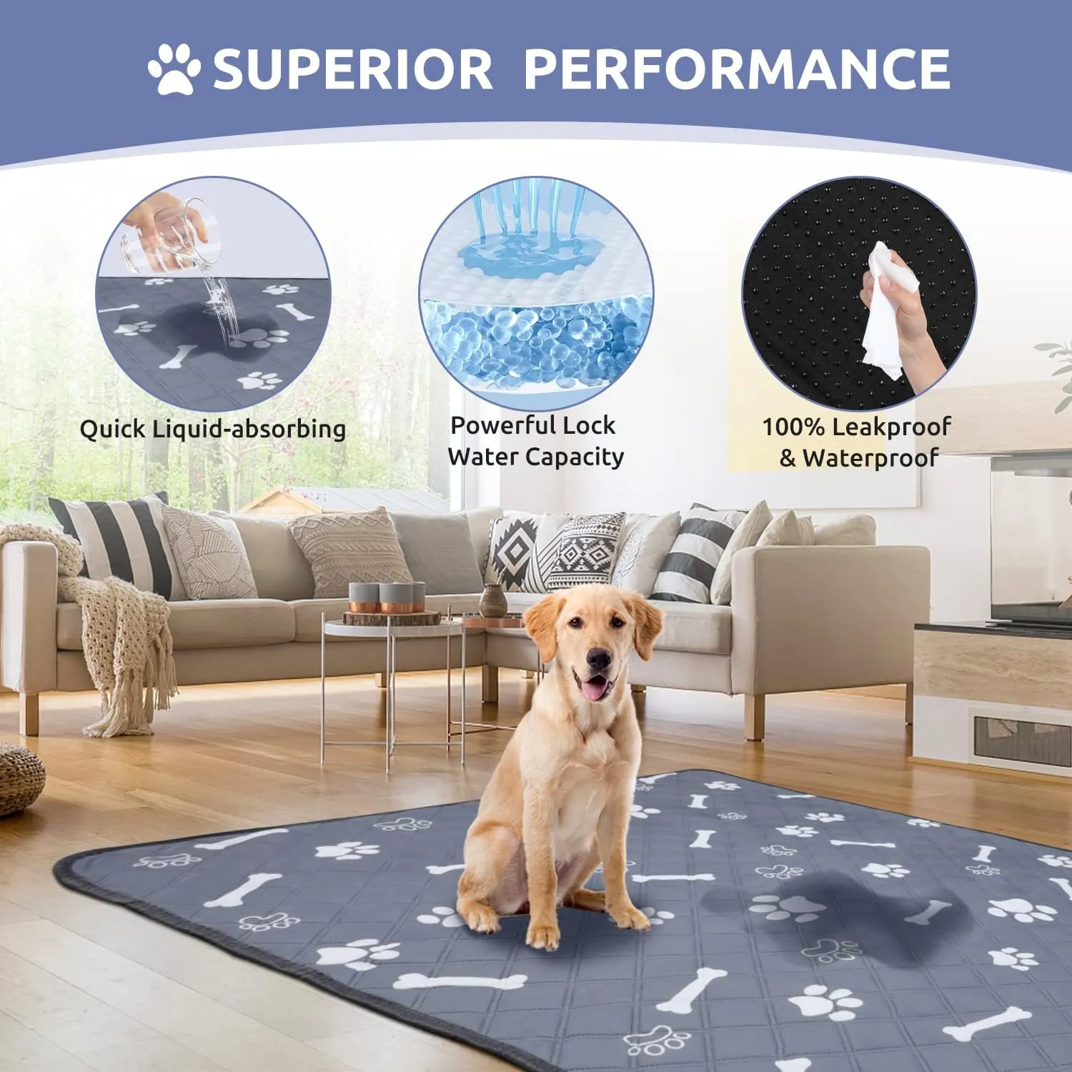 Washable Pee Pads for Dogs 2 Pack,36''*48'' Reusable Puppy Pads Pet Training Pads with Great Absorbent,Leakproof Fabric and Non Slip Backing for Potty,Crate,Whelping,Floor,Playpen,Sofa,Car